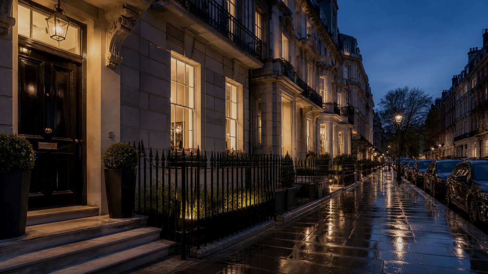 A Knightsbridge street at blue hour